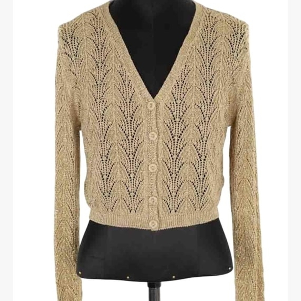 Rouje Gold Metallic Open lace knit V-Neck Buttoned Cropped Cardigan